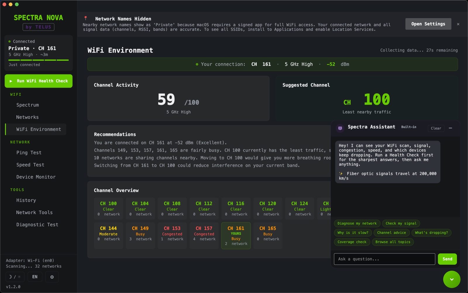 WiFi Environment panel: channel-activity score, suggested channel, and channel overview grid