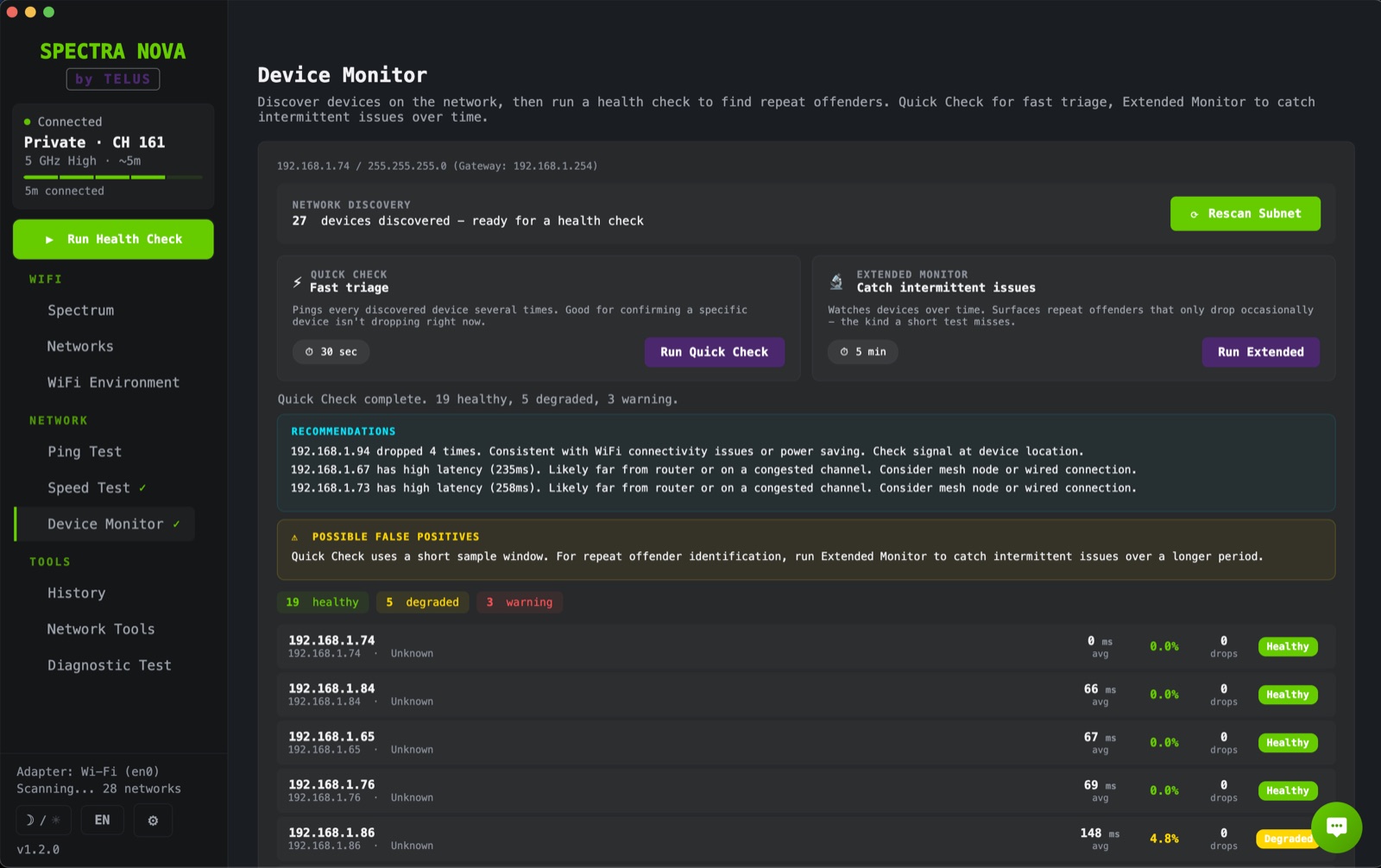 Device Monitor panel: 27 devices discovered with health-check recommendations citing specific IPs