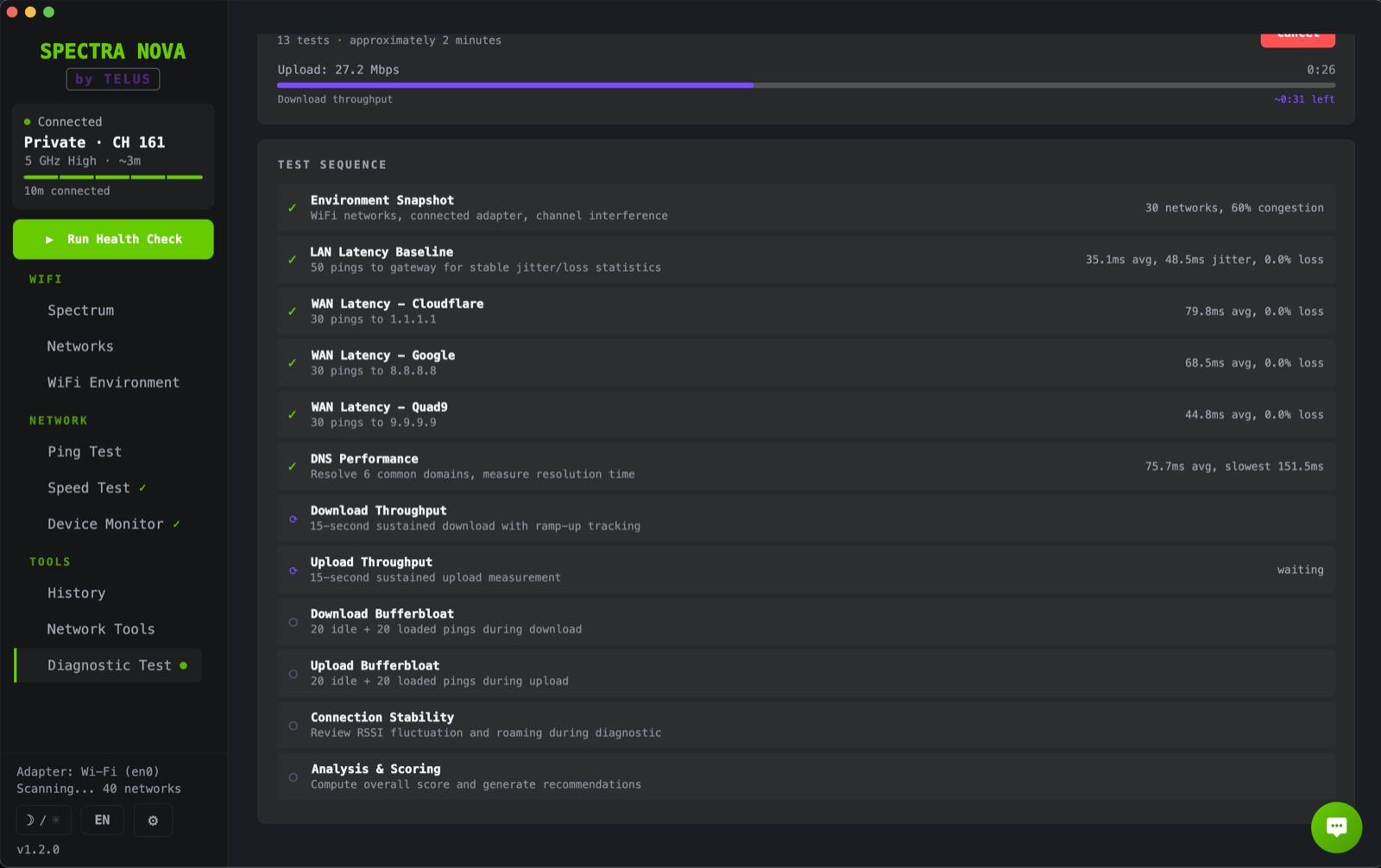 Advanced Diagnostic Test in progress: 13-phase sweep with real numbers populating live