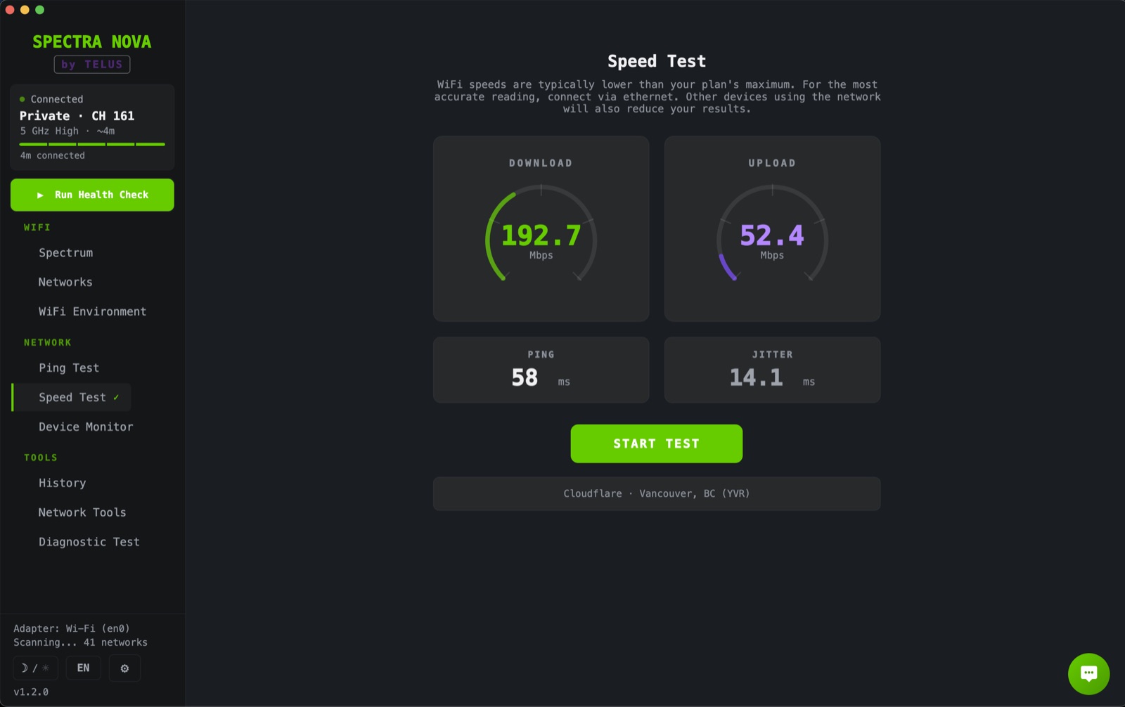 Speed Test panel: download and upload gauges, ping and jitter readings
