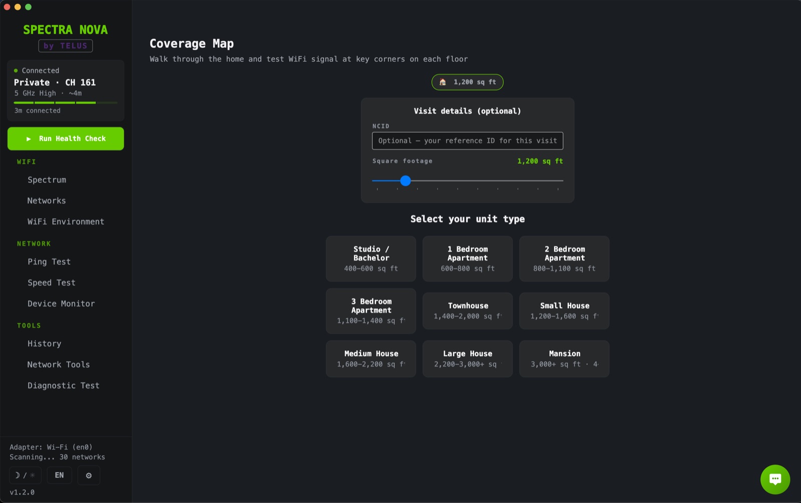 Coverage Map setup screen: square-footage slider and unit-type picker
