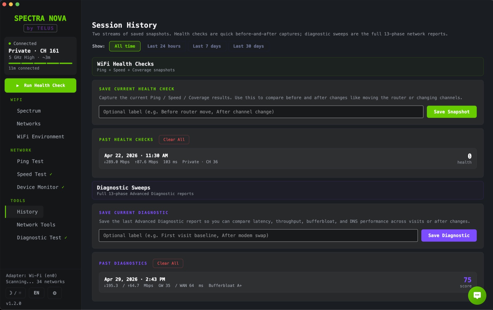 Session History panel: WiFi Health Checks and Diagnostic Sweeps with before/after deltas